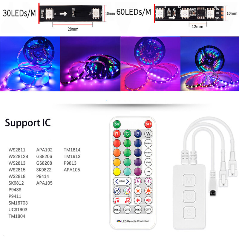 1m-10m 12v smd2811 rgb cor cheia sonho cor luzes de tira led perseguindo wifi app inteligente voz sp511e controle power kit para alexa