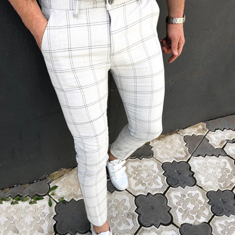 Plaid męskie spodnie spodnie obcisłe męskie ubrania Pantalon spodnie ołówkowe spodnie męskie Ropa Hombre Streetwear inteligentne spodnie na co dzień