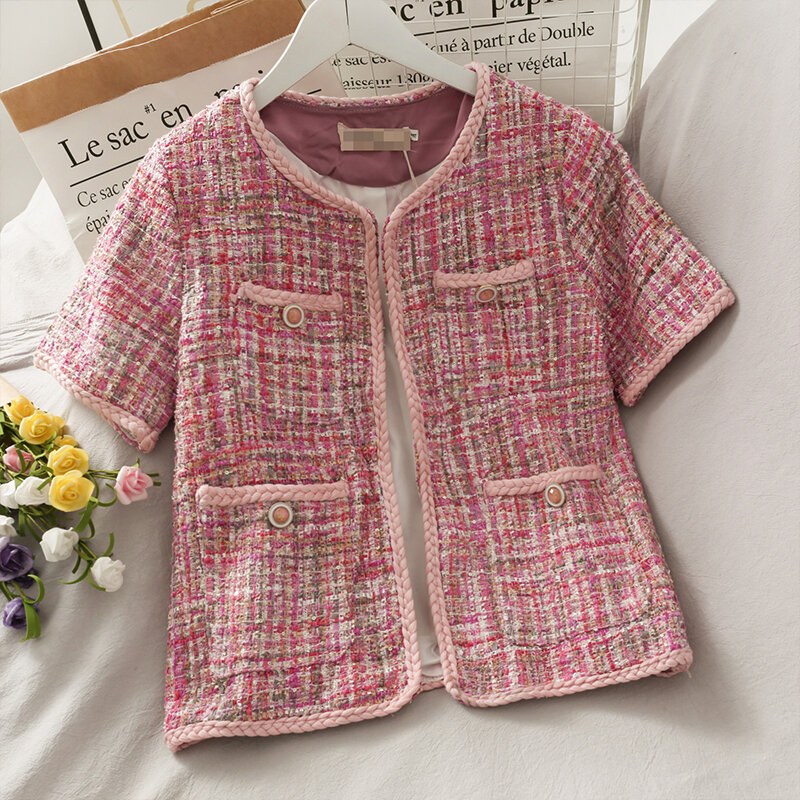 Chaqueta de Tweed rosa para mujer, abrigo de pasarela, otoño e invierno, tejido con una hilera de botones, abrigo clásico de moda para mujer, novedad de 2021