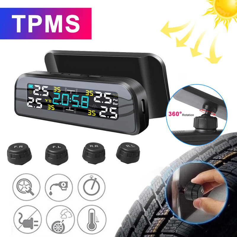 Tpms energia solar tpms carro alarme de pressão dos pneus 360 monitor ajustável sistema segurança automática pressão dos pneus temperatura aviso novo