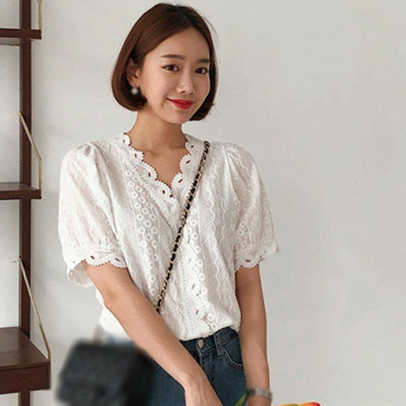 OL StyleSummer Ladies Fashion Wild Hollow Out Lace Shirt  White Shirt Simple Casual V-Neck Short Sleeve Blouse