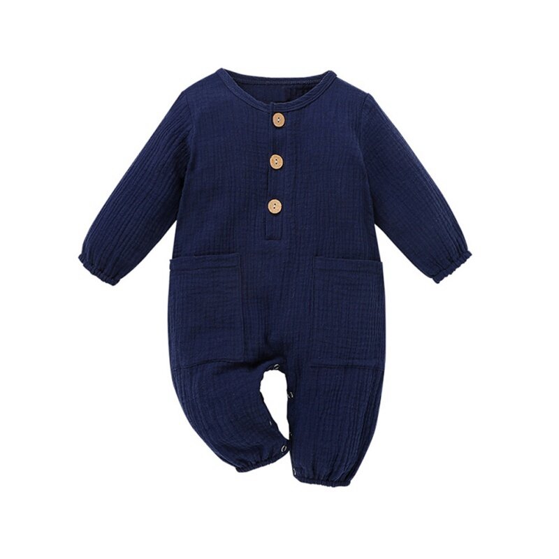 Macacão de algodão para bebês, macacão e roupa macia para crianças com manga longa de cor sólida e de outono