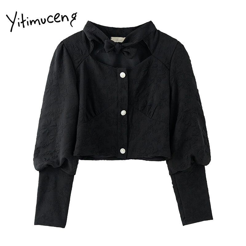 Yitimuceng camicetta nera donna camicie con bottoni fiocco Vintage scollo a v manica lunga dritto solido 2021 primavera moda coreana nuovi top