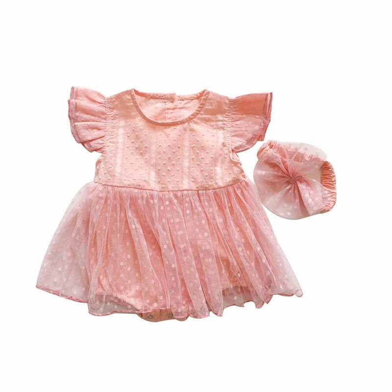 Yg Brand Children's Clothing 2021 Summer Korean Baby Short Sleeve One Piece Hairband Solid Color Mesh Baby Dress