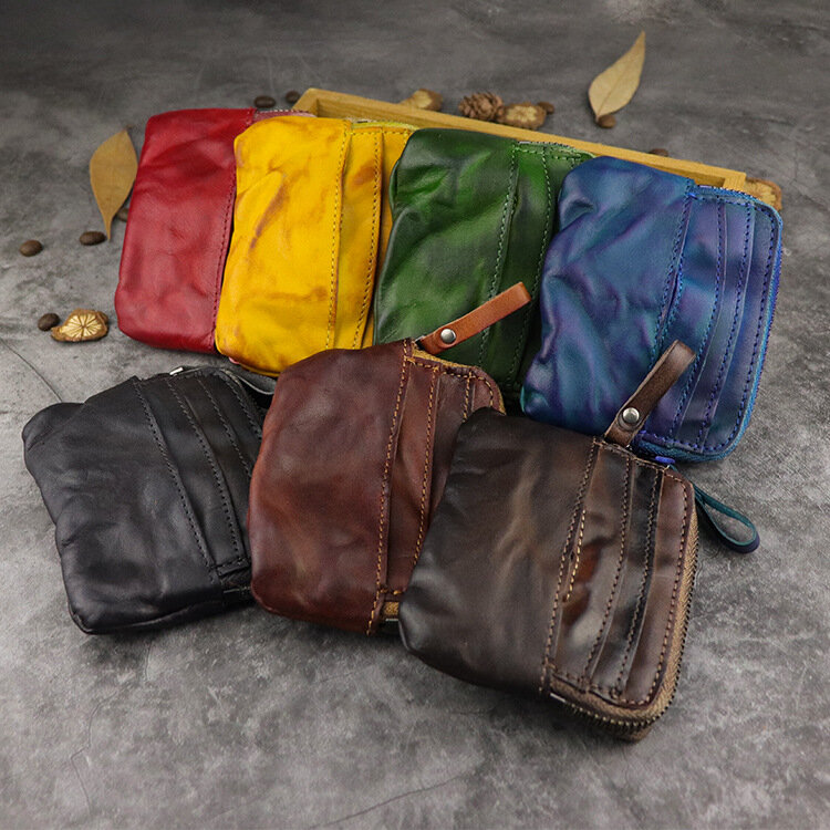 Porte-cartes en cuir véritable à première couche, portefeuille, sac à monnaie, porte-monnaie à fermeture éclair, design vintage