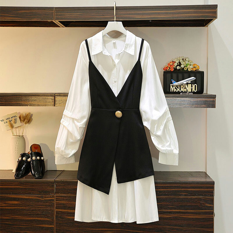 Large women's wear fall winter 2021 new foreign style long sleeve shirt black sling vest two piece set