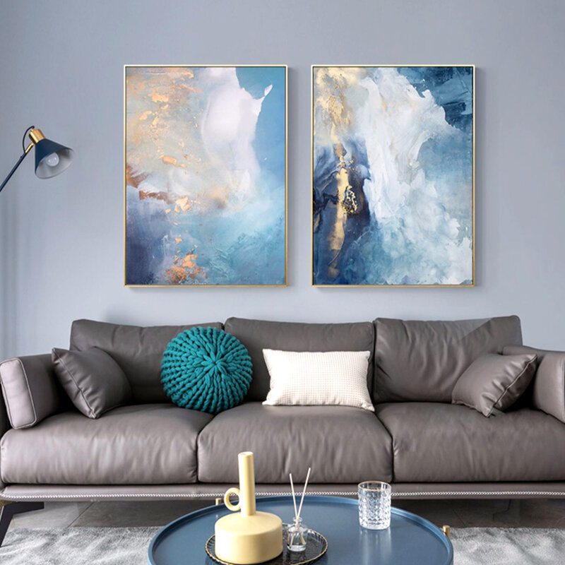 Картины для гостиной, абстрактные, с золотой фольгой, речной голубой холст, плакаты для спальни