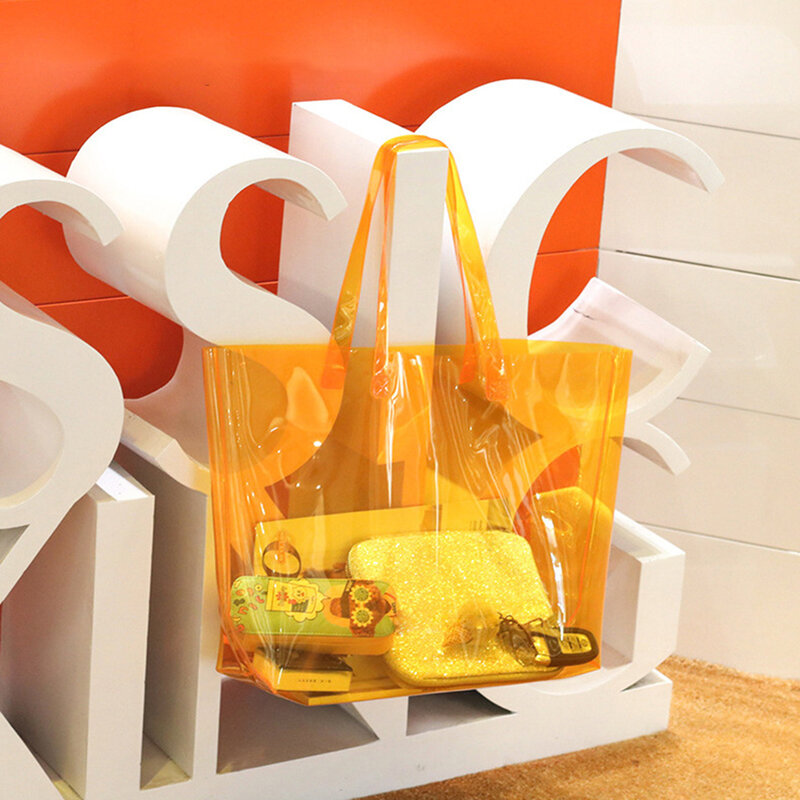 고품질 핸드백, 쇼핑 대용량 핸드백, 두꺼운 쇼핑백, 오렌지색 쇼핑백, 투명 쇼핑백