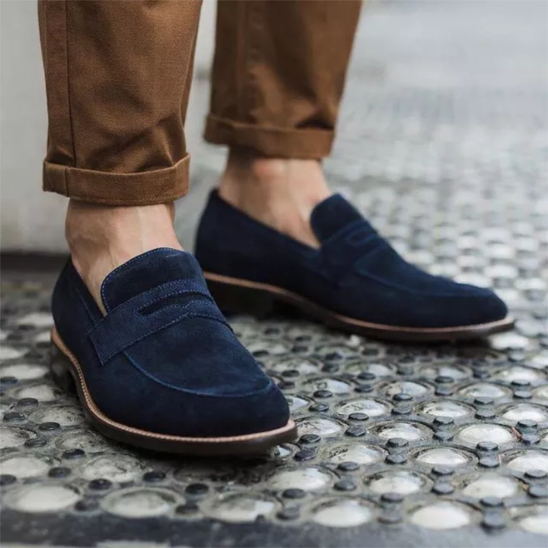 Sapato casual masculino de camurça azul marinho, slip-on simples bico fino calcanhar confortável na moda, loafers xm106