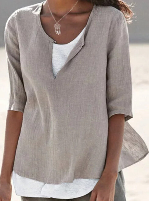 Blusa informal de lino con media manga y cuello en V para verano, camisa elegante para mujer, talla grande 5xl