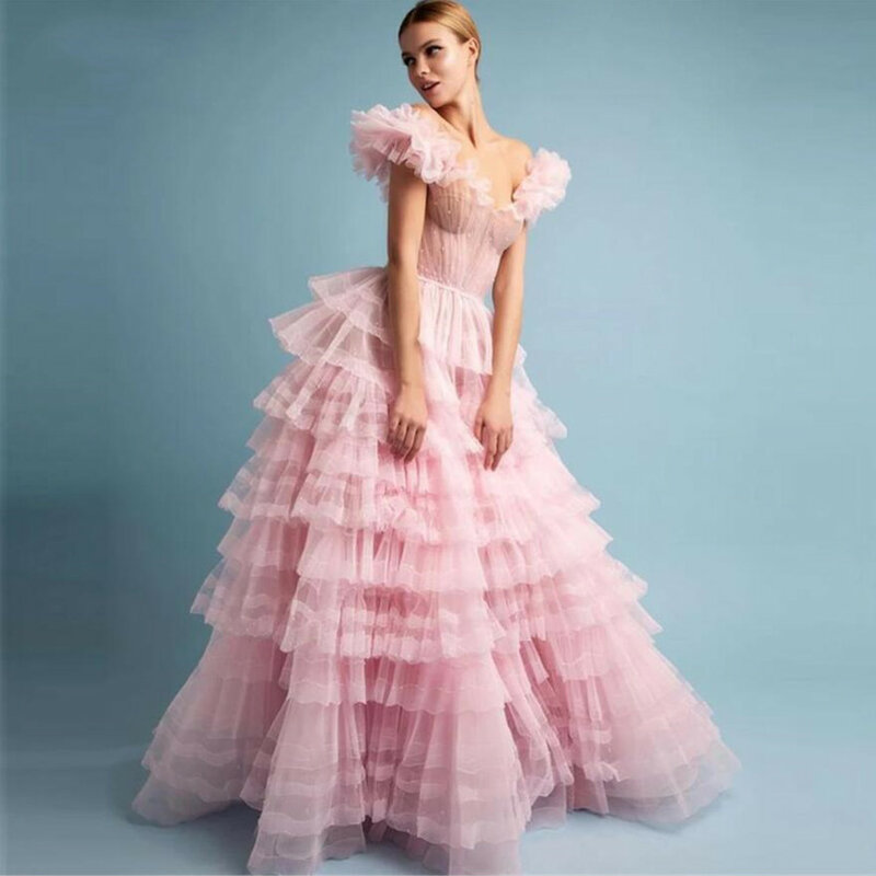 Sweet Pink Evening Dresses Tulle Tiered Off Shoulder Sleeveless Formal Gowns Floor Length Prom Dress For Party 2022 Custom Made