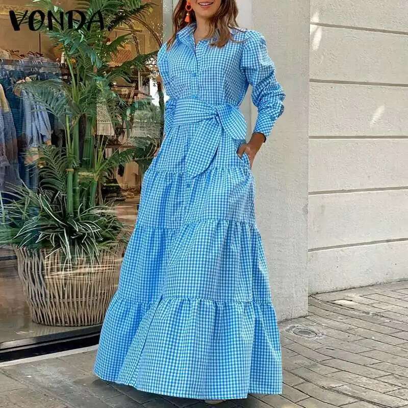 Azul Vestido Camisero Vintage Para Mujer 