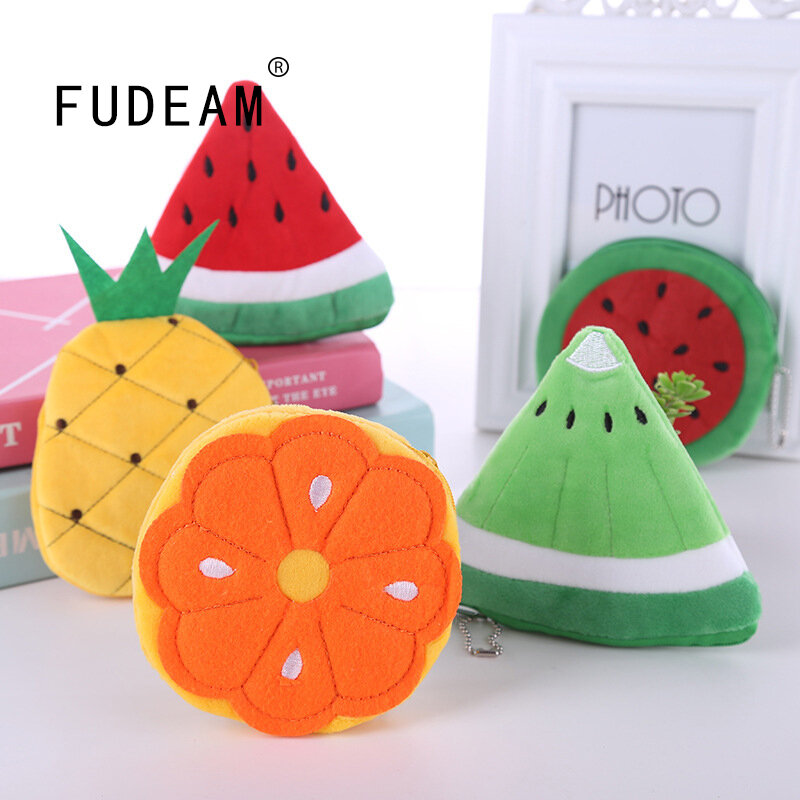 FUDEAM Soft Plush Watermelon Orange Fruit Women Coin Purse Mini Cute Oval Zipper Children Girl Coin Wallet USB Cable Headset Bag