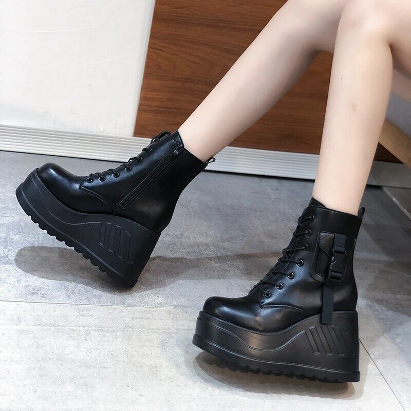 2021 Autumn and Winter New Women's Boots PU Lace-up Platform Nude Boots Round Toe Boots Comfortable Casual Shoes High Heels