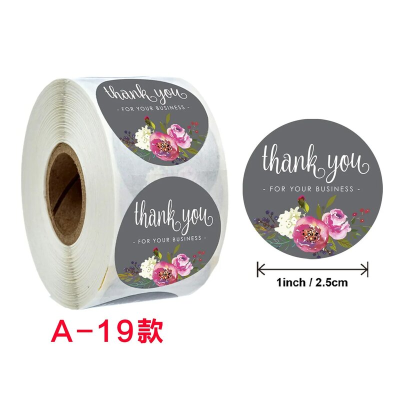 Round Floral Thank You Stickers Flower Black Paper Adhesive Labels for Shopping Small Business Shop Roll of 500 Stickers