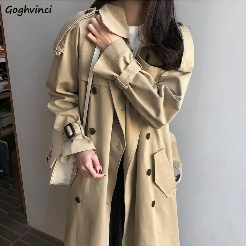 Trench coat feminino liso cáqui longo, casaco feminino sobretudo justo estilo coreano confortável primavera outono