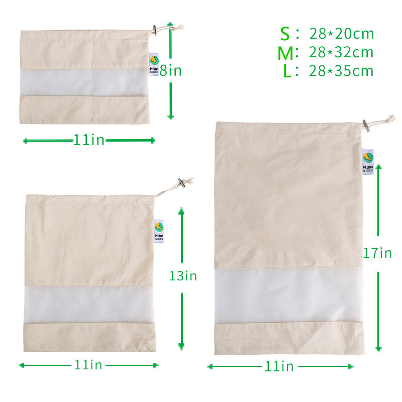 Eco Cotton Bags Set Kitchen Storage Bag Reusable Bag Cotton Produce Bags with Drawstring Reusable Shopping Bag with window