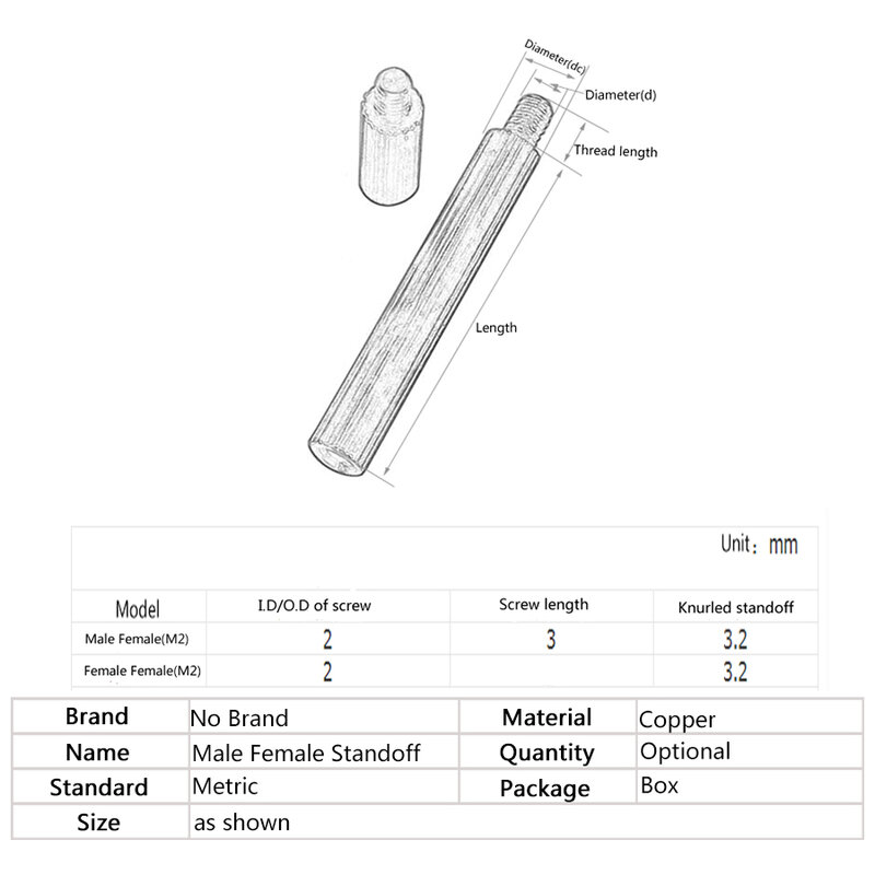 Separador redondo de latón M2, moleteado macho-hembra, cilíndrico, PCB, espaciador, placa base, columna, tornillo, longitud de 3mm-40mm