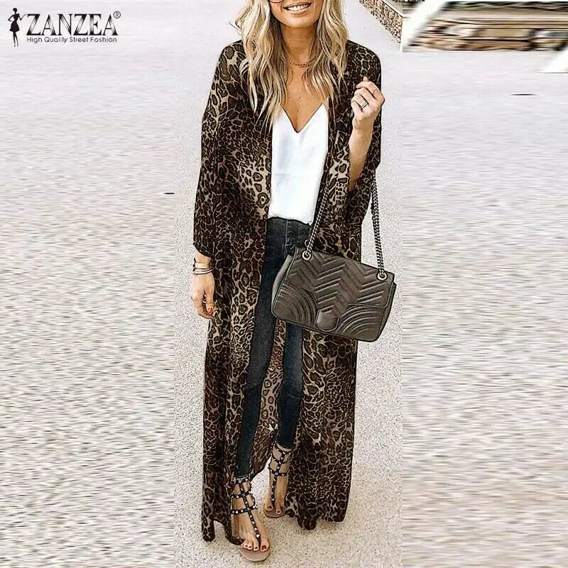 ZANZEA-cárdigans con estampado de leopardo para mujer, blusas bohemias, Kimono, capa, camisa de playa de punto abierto, S-2021
