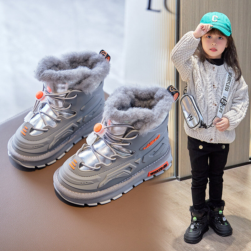 Sepatu Bot Salju PU Musim Dingin Anak Perempuan dengan Sneakers Flush Band Elastis Sepatu Katun Olahraga Hitam Solid Keren Anak Laki-laki Tahan Air PU Mode Anak-anak