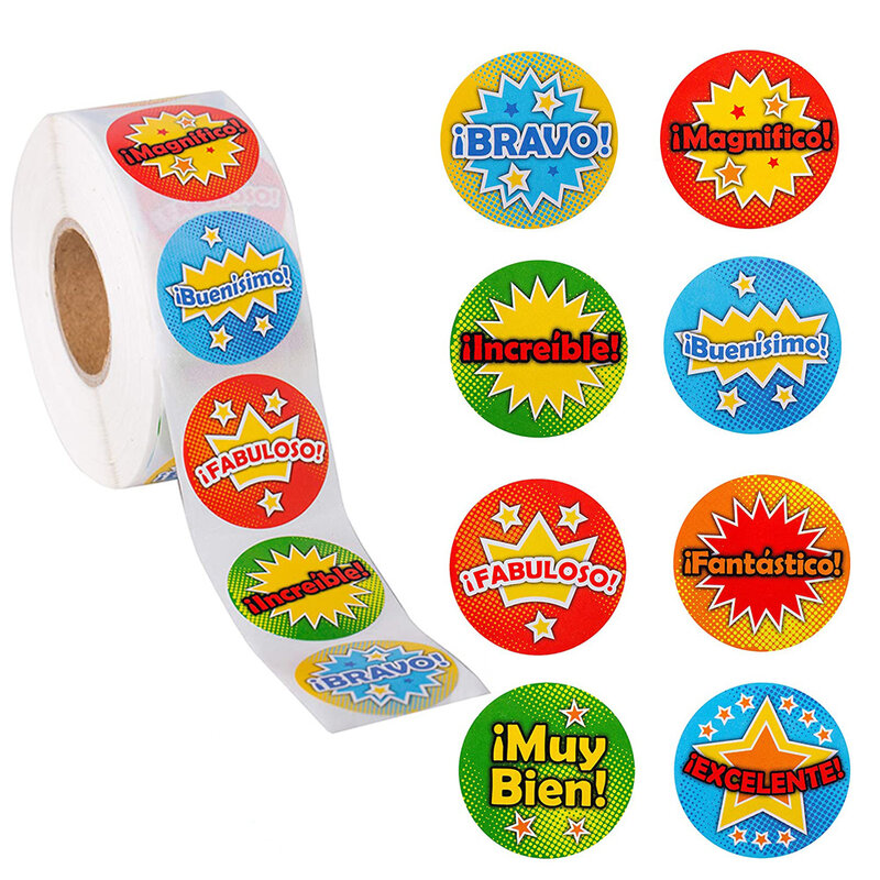 Adesivos espanhol para crianças, 500 peças/rolo de adesivos de recompensa do professor escolar sala de aula suprimentos motivos