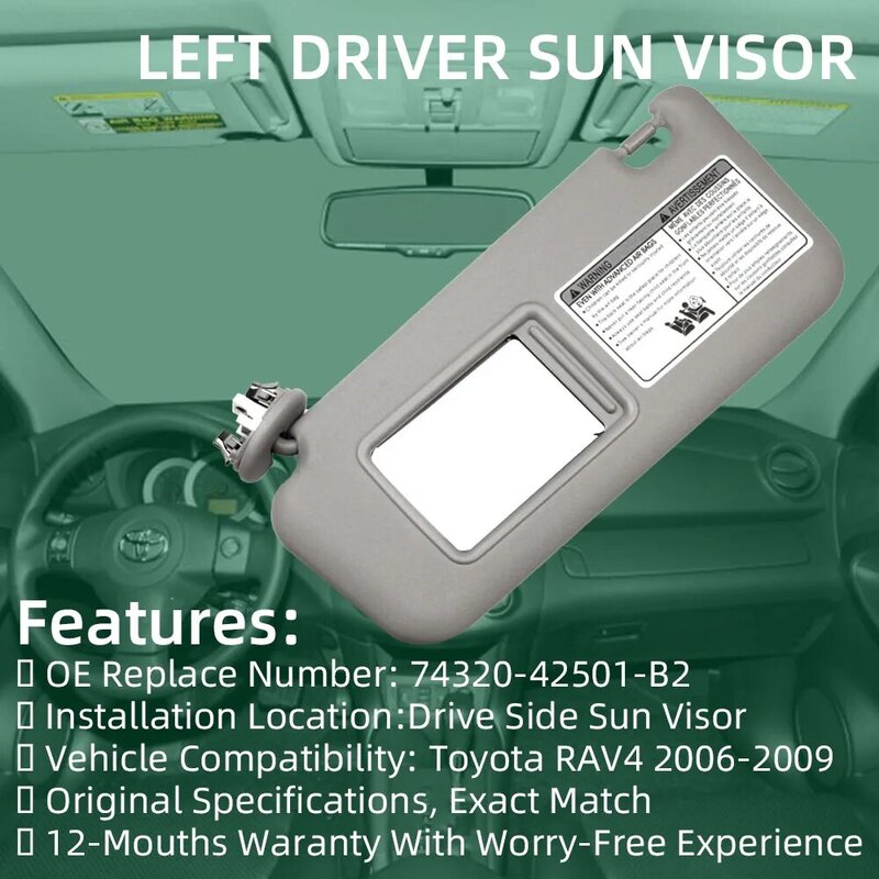 Dasbecan For Toyota RAV4 With Light Left Driver Side Shield Sunshade Auto Sunvisor  74320-42501-B2 Sunroof Accessories 2006-2009
