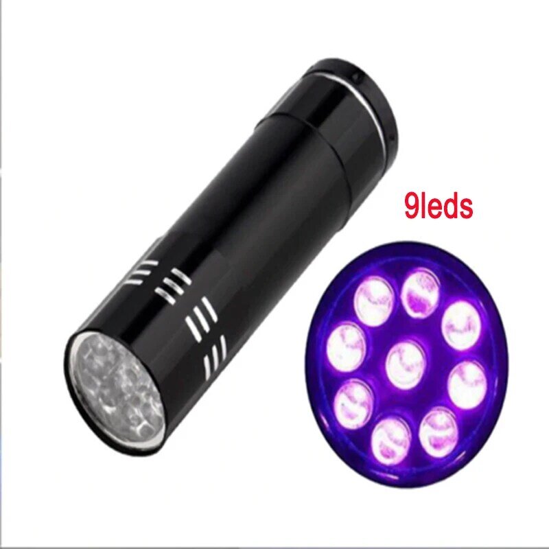 Lampe de poche violette à 9led pour détecteur de monnaie, alliage d'aluminium, lampe UV pour détection des agents fluorescents, 3 piles AAA