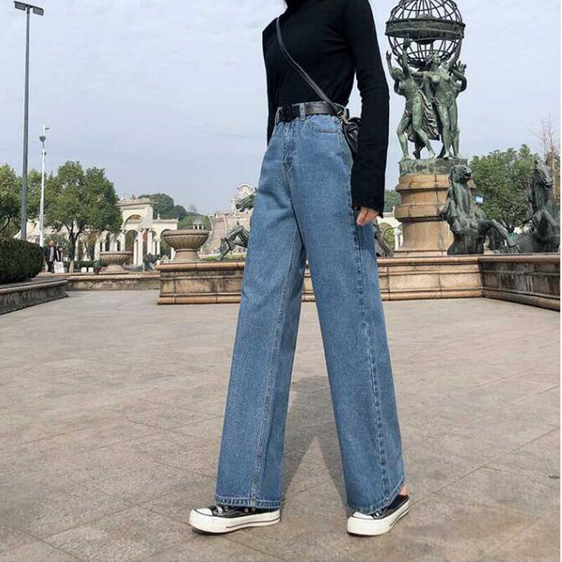 Женские джинсы с высокой талией, джинсовая одежда с широкими штанинами, синяя уличная одежда, винтажные Качественные прямые брюки в стиле Х...
