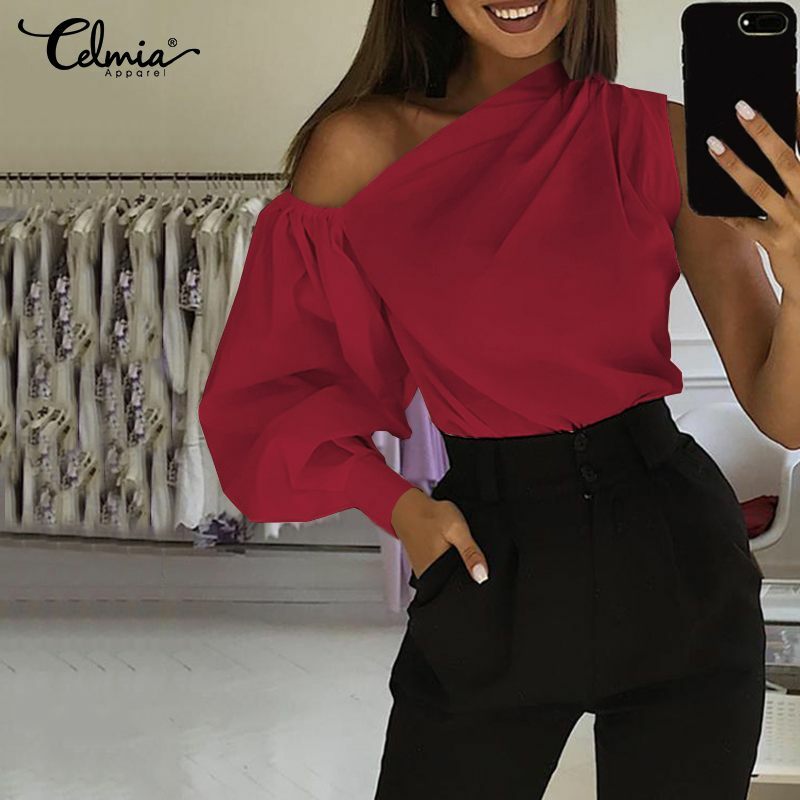Celmia Women Fashion Long Sleeve Shirts  Solid Cold Shoulder Blouses Casual Loose Tops Ladies Elegant Work Blusas 