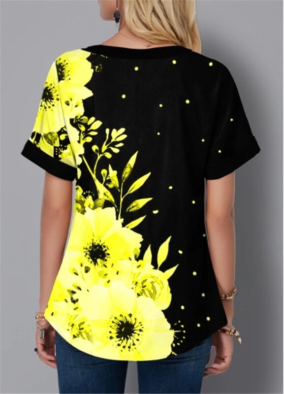 Camiseta de verano de S-5XL para mujer, Tops florales de moda, camisetas con estampado de cuello de pico de vendaje Sexy, Top de manga corta para mujer, ropa de talla grande 5XL