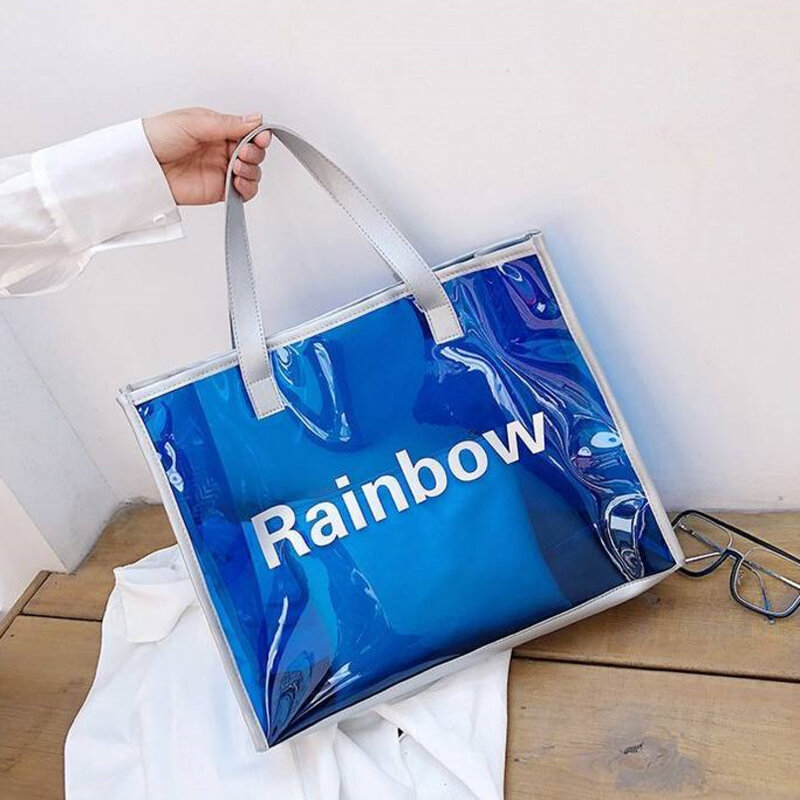 Bolso de mano transparente para mujer, bolsa de playa Azul, A la moda, grande, dos en uno, para verano, 2020