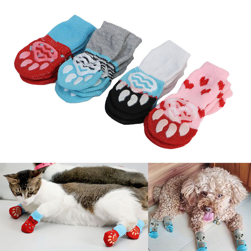4 Pcs Pet Puppy Hond Sokken Anti-Slip Breien Ademende Elasticiteit Warme Winter Indoor MD7