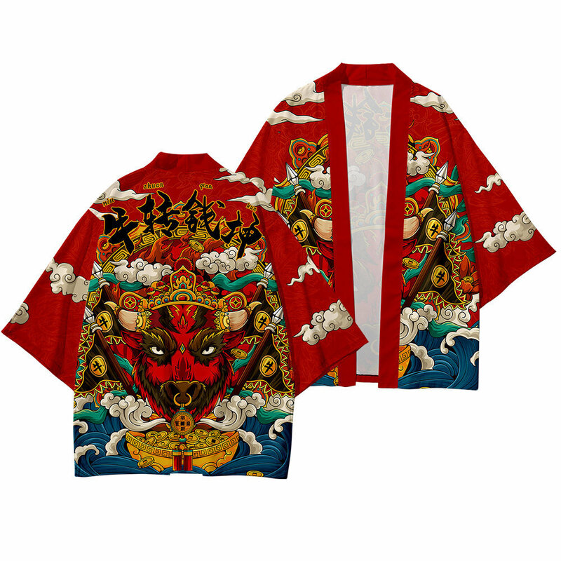 Kimono Tipis Pria Gaya Cina Motif Merah Streetwear Harajuku Kimono Tradisional Cardigan dan Celana Samurai Yukata Haori