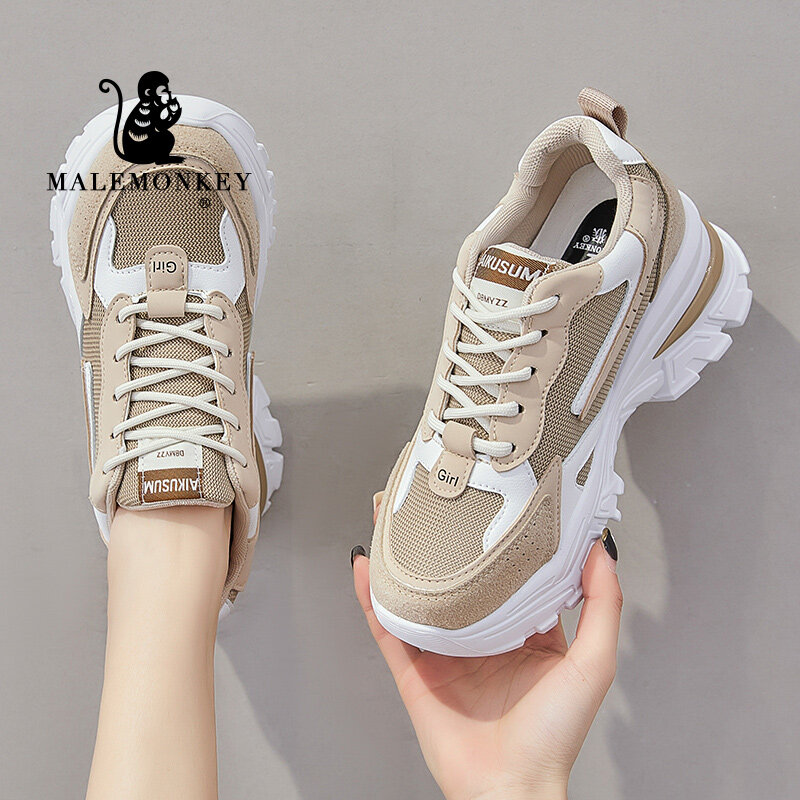 Platform Women's Sports Shoes 2022 Spring Thick Sole Lace Up Non Slip Sneakers For Women Fashion Black Zapatos Mujer Heel 6cm