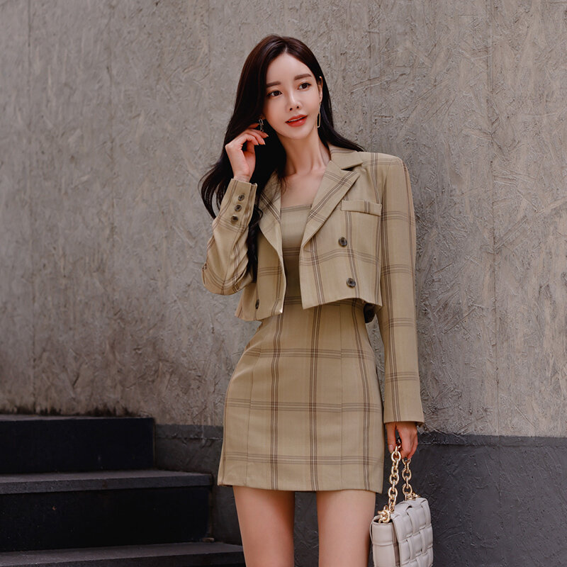 Saia formal de outono ternos feminino ol duas peças conjunto duplo breasted xadrez curto blazer casaco + sexy estilingue bodycon mini vestido terno