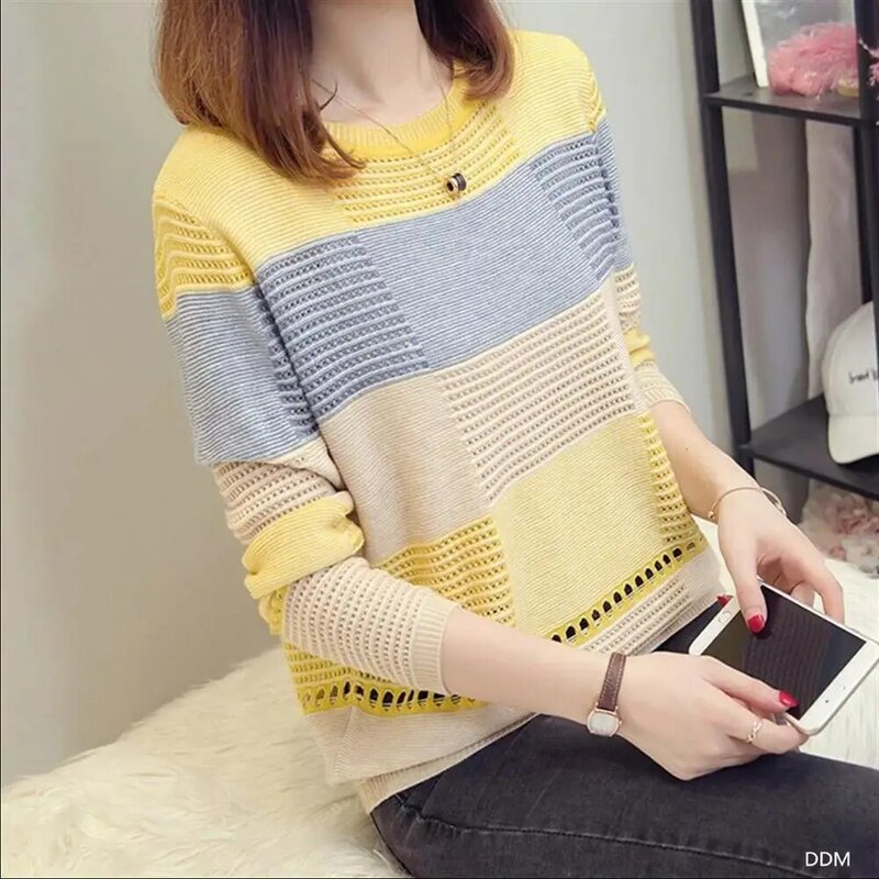 Suéter de manga larga con cuello redondo para mujer, Jersey informal de punto a rayas, suelto, moda coreana, Otoño, 2021