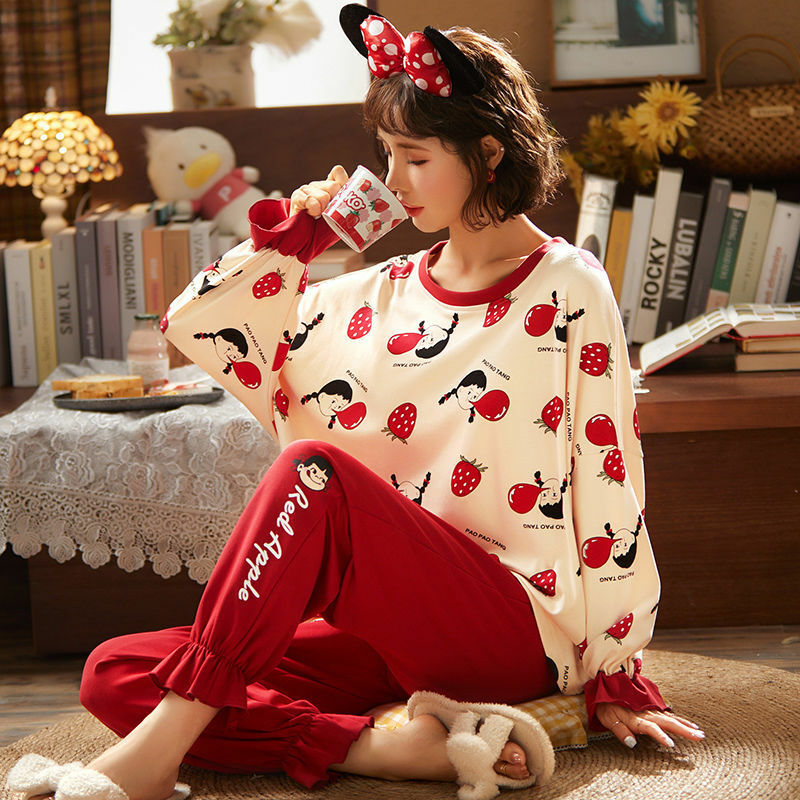 女性用ラウンドネック長袖パジャマ,カジュアルで快適な秋のパジャマ,女性用パジャマセット