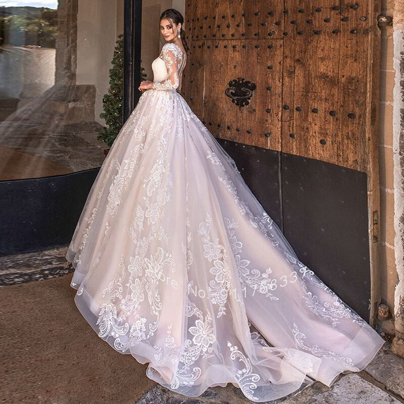 Новейшее бальное платье, свадебное платье с длинным рукавом, платье с иллюзией на спине, платье с круглым вырезом, великолепный свадебный на...