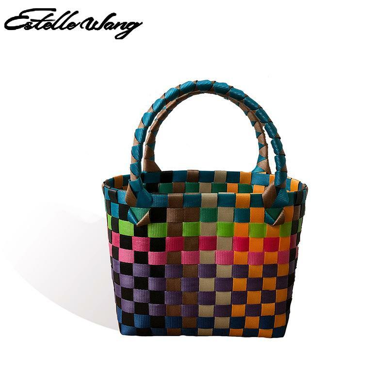 Маленькая квадратная сумка для женщин и девочек, цветная плетеная корзина для овощей, соломенная плетеная Сумка, ручная пластиковая плетен...