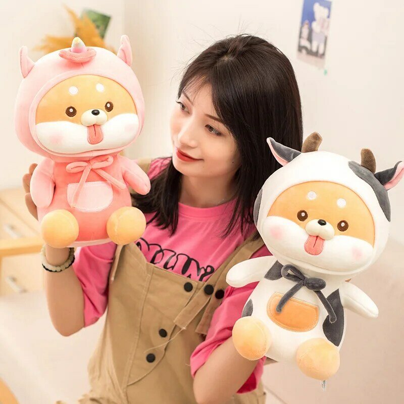 30/45cm Cute Creative Shiba Inu Dog Plush Toy Turn to Dinosaur Cow Unicorn Stuffed Animal Doll Toys for Children Kids Cute Gift