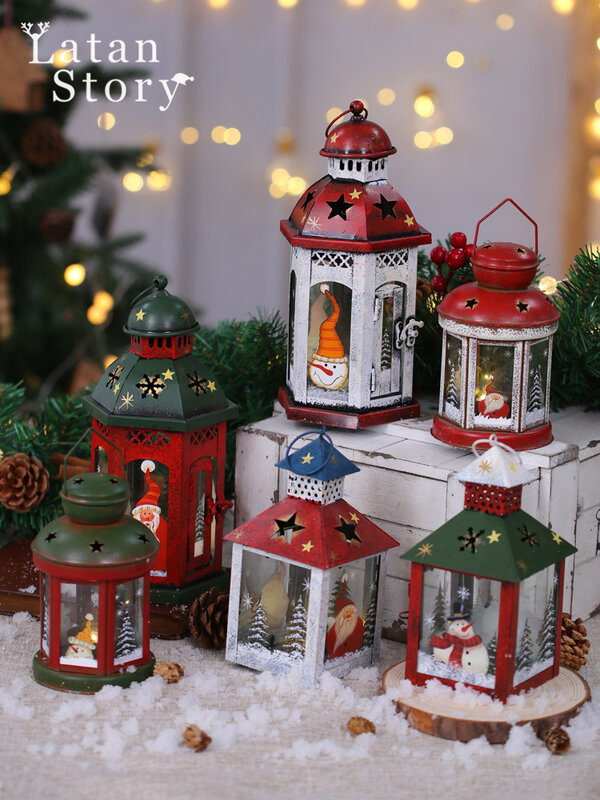 Decorações de natal nordic retro ferro vela à prova vento lâmpada casa criativa decoração retro castiçal pingente