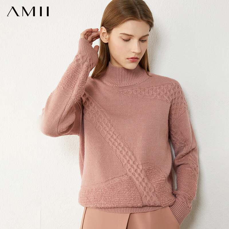Amii-suéteres minimalistas para mujer, suéter de cuello alto liso, de lana, holgado, 12030482