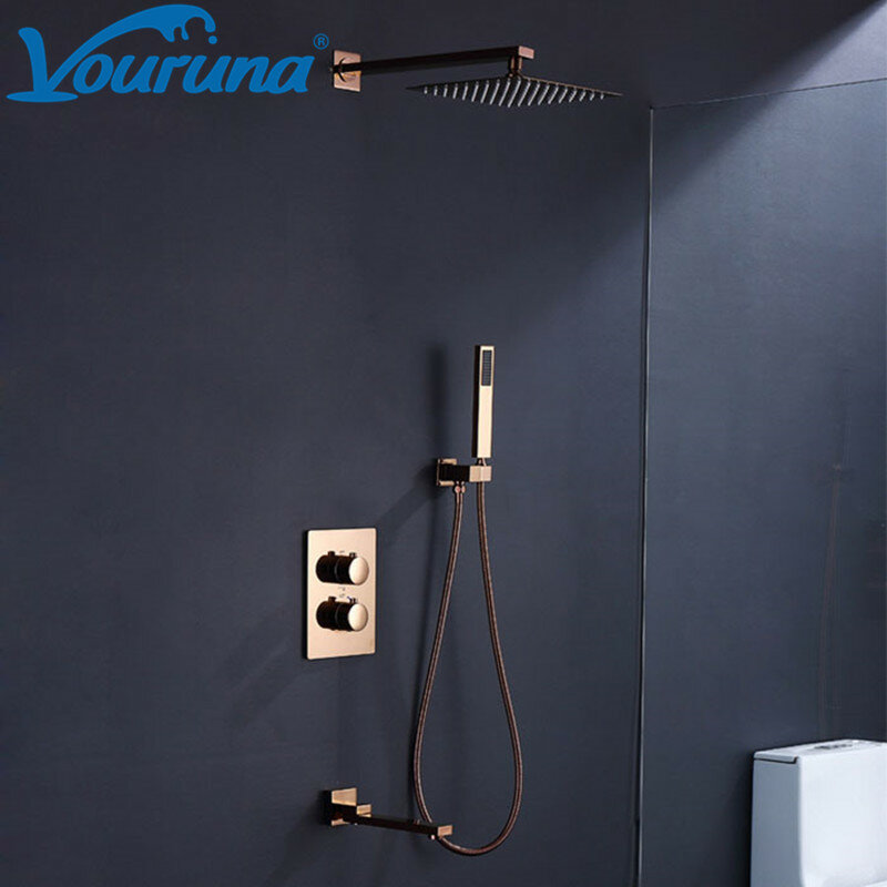 Vourunaサーモスタット隠さシャワーコンビネーションウォールマウントローズゴールデン浴室の蛇口セット浴槽スパウト10 "レインシャワー