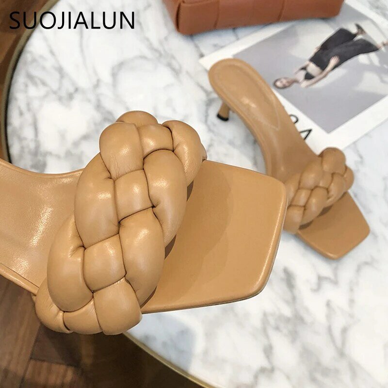 Suojialun 2020新デザイン織り女性スリッパ女性薄型ハイヒールサンダルオープンで夏屋外のスライドフリップ靴