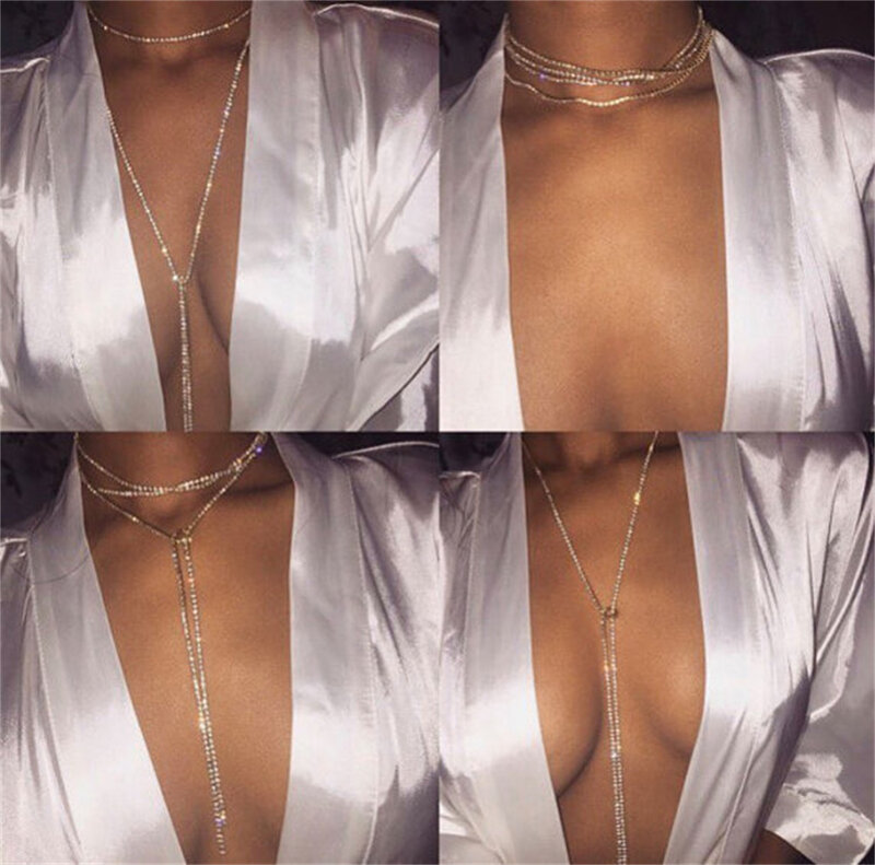 Long Rhinestone Necklace Choker Gem Bling Crystal Chest Chain Collar Fashion Bikini Glitter Body Jewelry Women Accessories Gifts