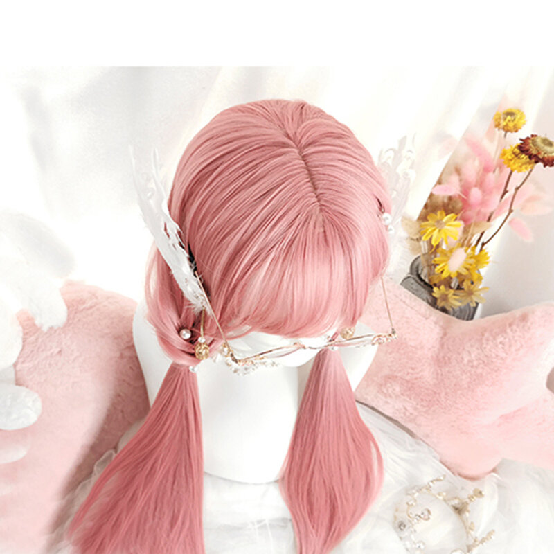 Cosplaymix 73cm festa de halloween resistente ao calor cabelo lolita franja longo reta cereja rosa bonito sintético cosplay peruca + boné