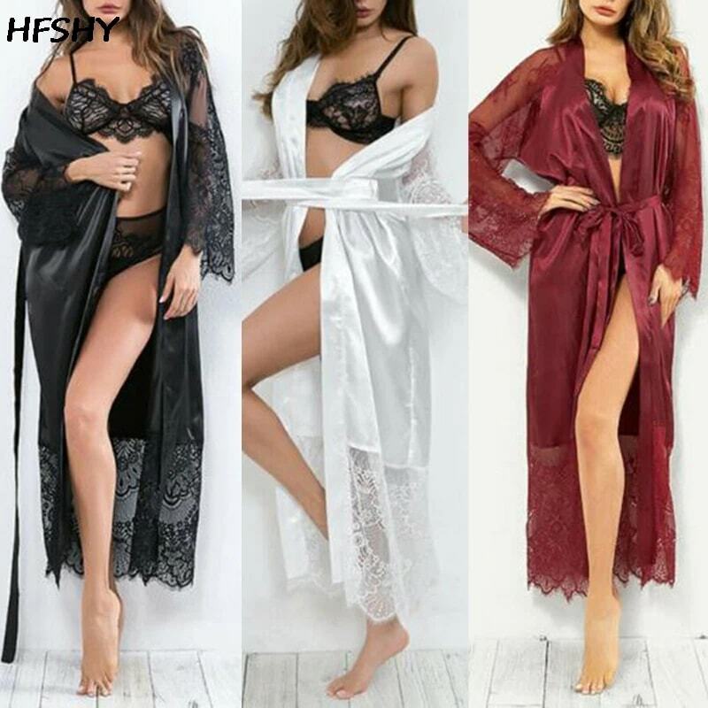 Pyjama Sexy en Satin et dentelle pour femmes, sous-vêtements, col en v, ample, soie glacée, peignoir