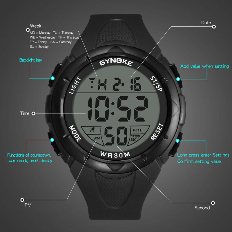 Relógio de pulso masculino à prova d'água, relógio digital multifuncional com led de 30m e dupla ação, à prova d'água