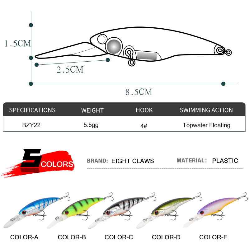 Acht Klauwen 5.5G 8.5Cm Minnow Vissen Lokken Drijvende Wobblers Jerkbait Japan Kwaliteit Hot Selling Zoetwater Bass Trout Bait