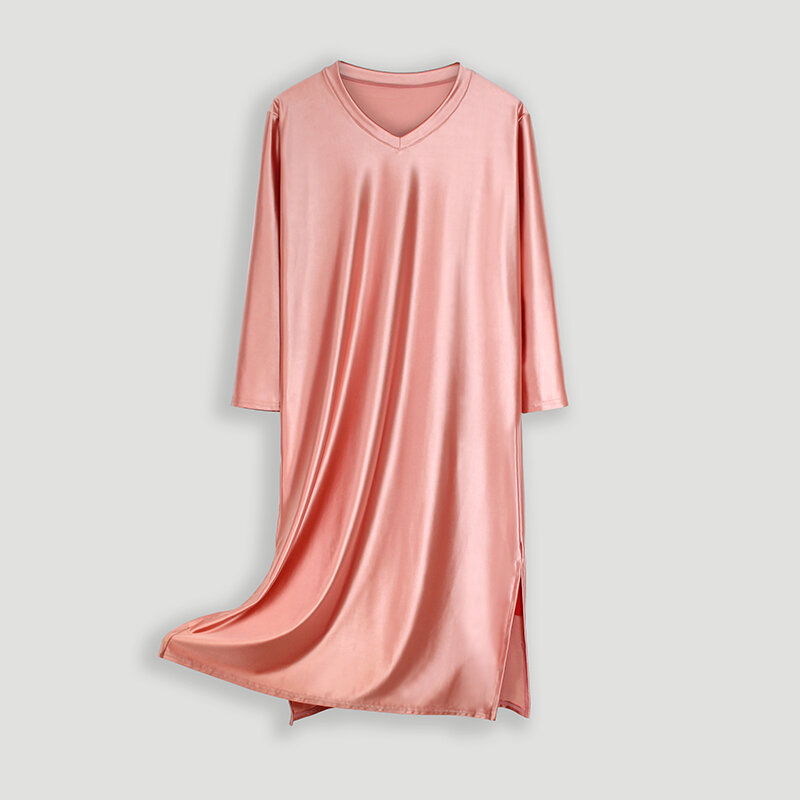 DROZENO One-piece pajamas V-neck long nightdress Pure color slippery loose over-the-knee skirt